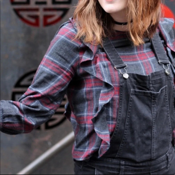 ✨NWT Zara Gray Red Plaid Flannel Long Sleeve Ruffle Trim Blouse Top Size XS - Picture 7 of 11